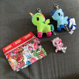 Set of 2 Tokidoki Plush Charms & Figure w/ Inspired LeSportsac Pouch